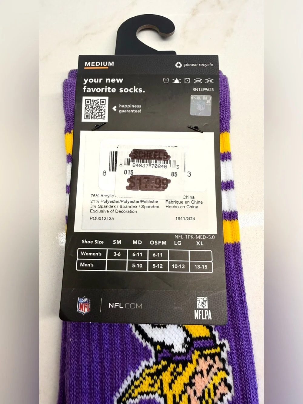 NWT For Bare Feet Minnesota Vikings NFL Crew Socks M